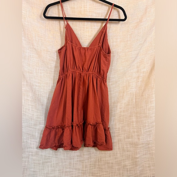 Small Rust Orange Laced Summer Flowy Short Flair Dress with Detailed Ruffling. - Picture 5 of 12